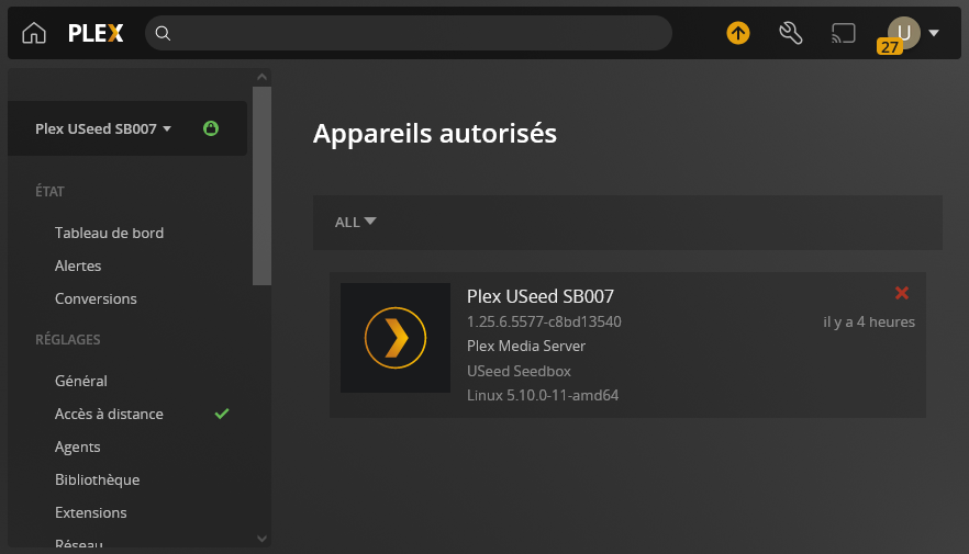 Plex Media server associé à votre compte Plex.tv